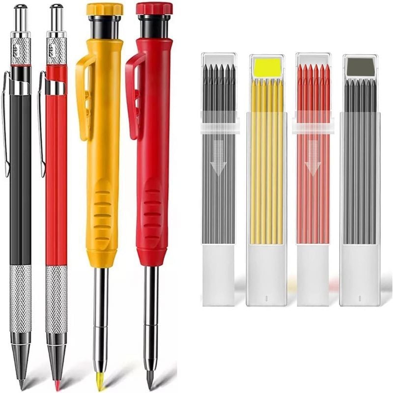 4 Pièces Crayons de Charpentier Mécaniques avec Taille-Crayon Intégré et 40 Recharge, Crayons de Menuiserie à Trous Profonds Solides pour le