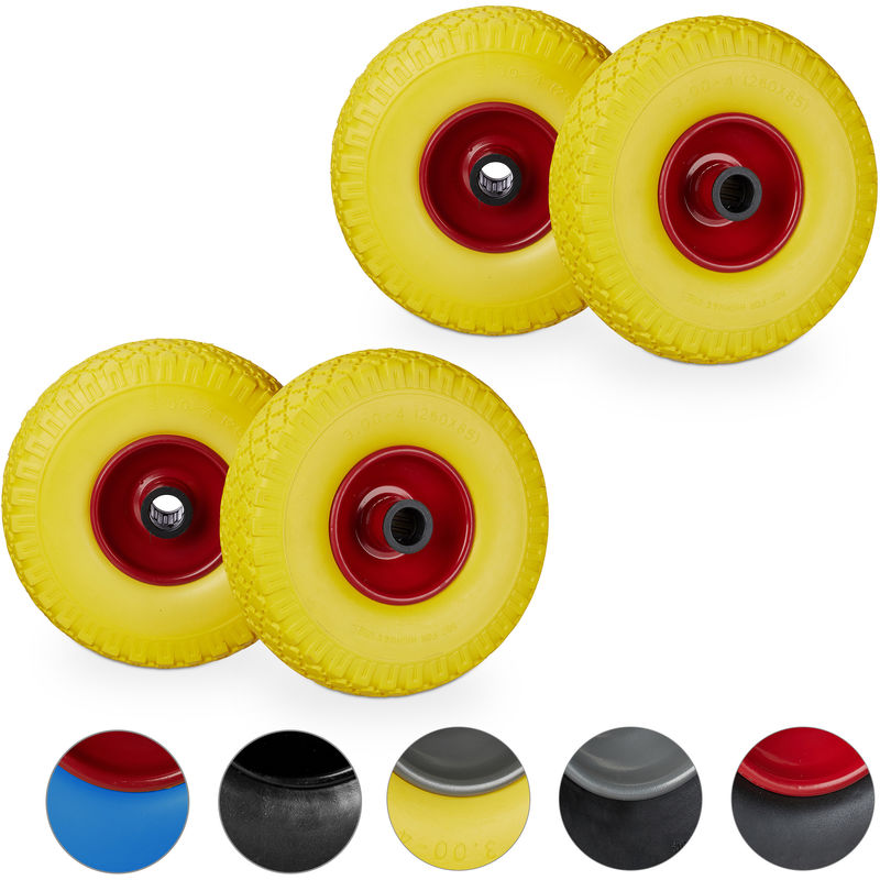 

Set de cuatro ruedas de carretilla, Neumático de goma 3.00-4, Eje de 25mm, Hasta 100 kg , Amarillo-rojo