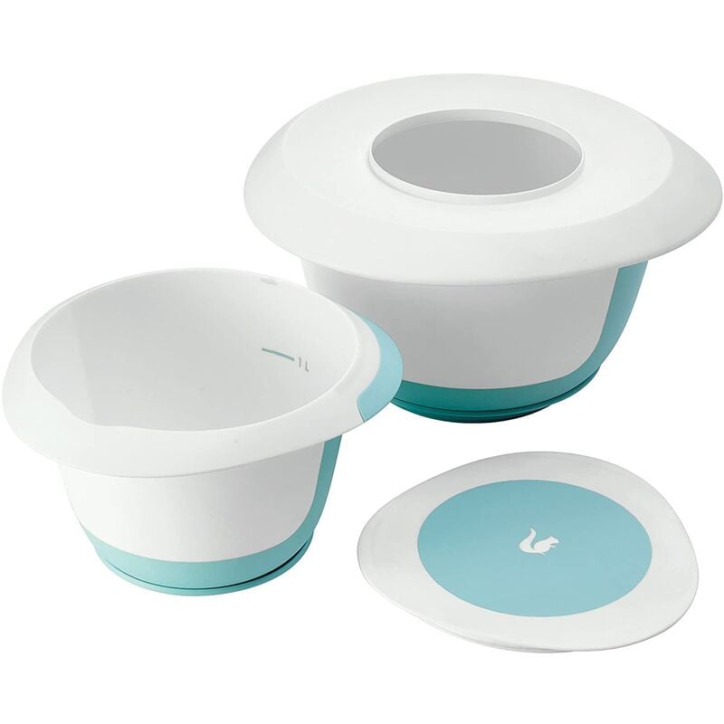

Set de Cuencos de Mezcla 4 en 1, Con Protección Antisalpicaduras, Rascador de Masa, Ventosa y Superficie Antideslizante, Plástico sin Bisfenol A,