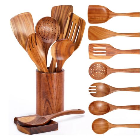 Set De Cuillères En Bois D'acacia - 9 Pièces Avec Support Et Reposoir À Cuillères - Pour Cuisine Domestique