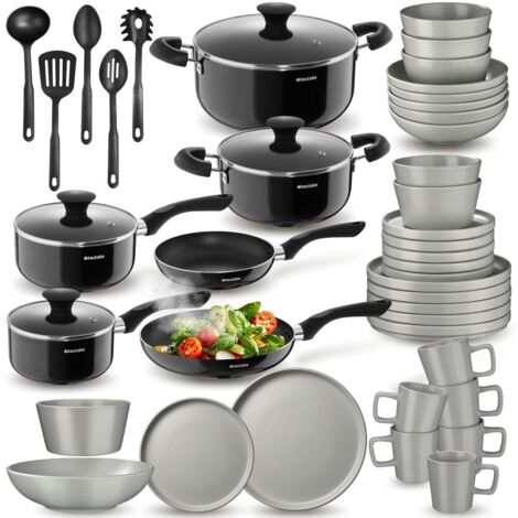 Set de cuisine pour 6 personnes vaisselle et casseroles 45 pieces gris