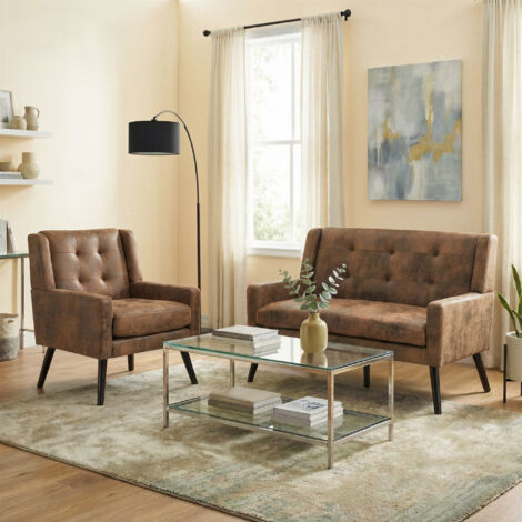 Set de deux fauteuils à accoudoirs (fauteuil individuel et double). Matelas en mousse épaisse. Tissu doux au contact de la peau et durable dans le temps. Pieds en bois massif, avec des coussinets prot