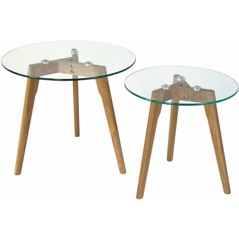 Set de deux tables basses plateau en verre pied en bois - noir