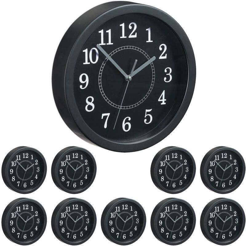 Set de diez relojes de pared, ø 20 cm, Diseño clásico, a pilas, Con segundero, Negro