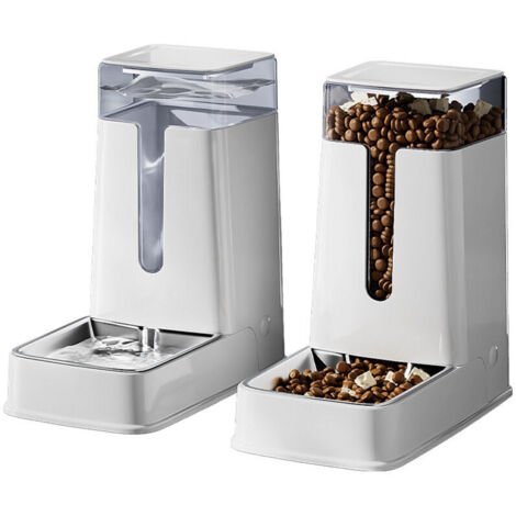 Set de Distributeur d'aliment et de Distributeur d'eau pour Chats et Chiens avec Bols en Acier Inoxydable, Distributeur d'alimentation par gravité pour Chiens et Chats, 3,5L x 2,Blanc
