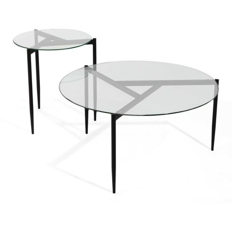 Set de dos mesas auxiliares FEVER cristal transparente y pies metálicos color negro