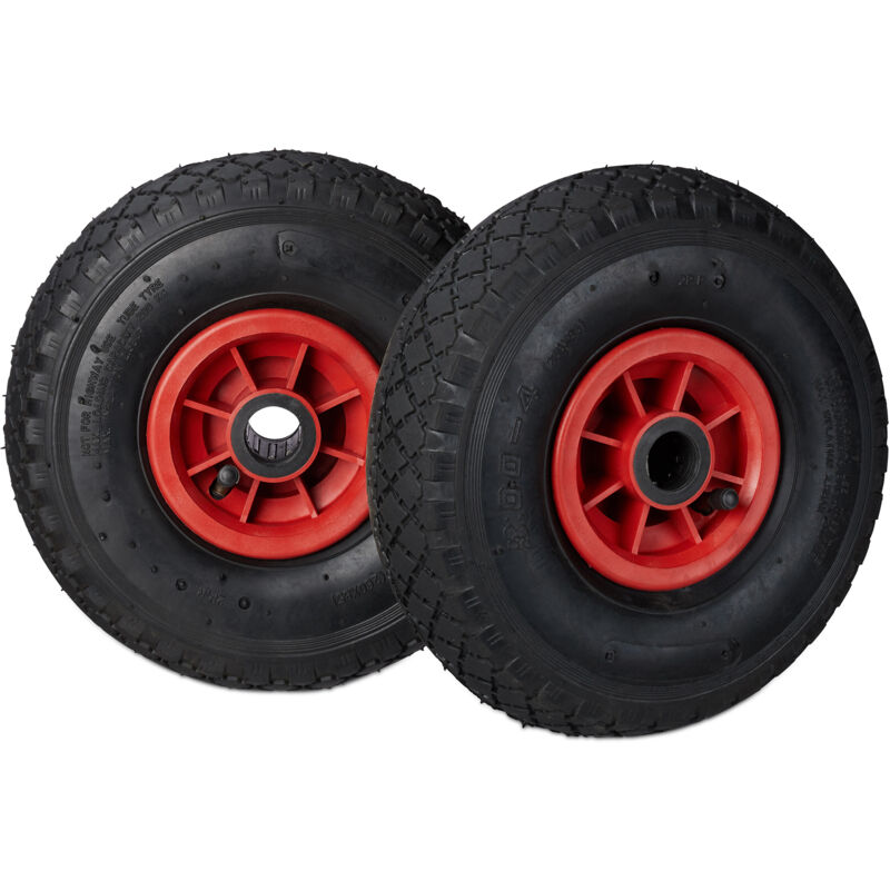 

Set de dos ruedas de carretilla, 3.00-4, Neumático de goma, Llanta de plástico, Eje de 25 mm, 260x85 mm, Negro-rojo