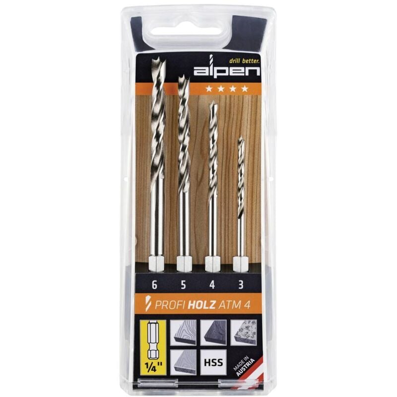 Alpen - 603002100 Jeu de forets pour le bois 4 pièces 3 mm, 4 mm, 5 mm, 6 mm 1/4 (6,3 mm) 1 set