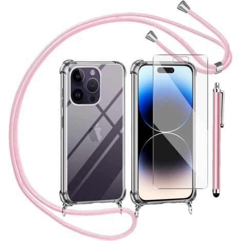 SET DE FUNDAS PARA APPLE IPHONE 14 PRO + VIDRIO TEMPLADO + CORDÓN + ESTILO ROSA