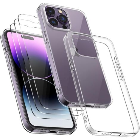 SET DE FUNDAS PARA IPHONE 14 PRO MAX SILICONA TRANSPARENTE + 3 VIDRIO TEMPLADO