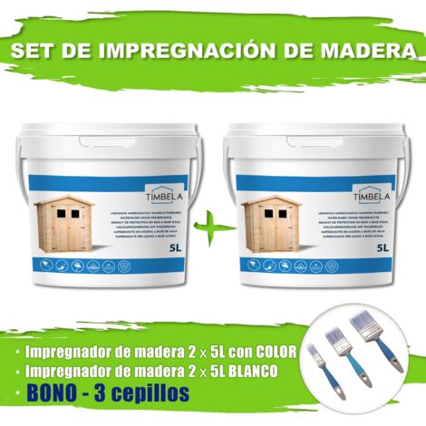 Set de impregnación de madera para decoración interior y exterior: 10L de impregnante blanco + 10L de olivo + juego de pinceles GRATIS- TIMBELA DKMT02-OLIVE/WHITE