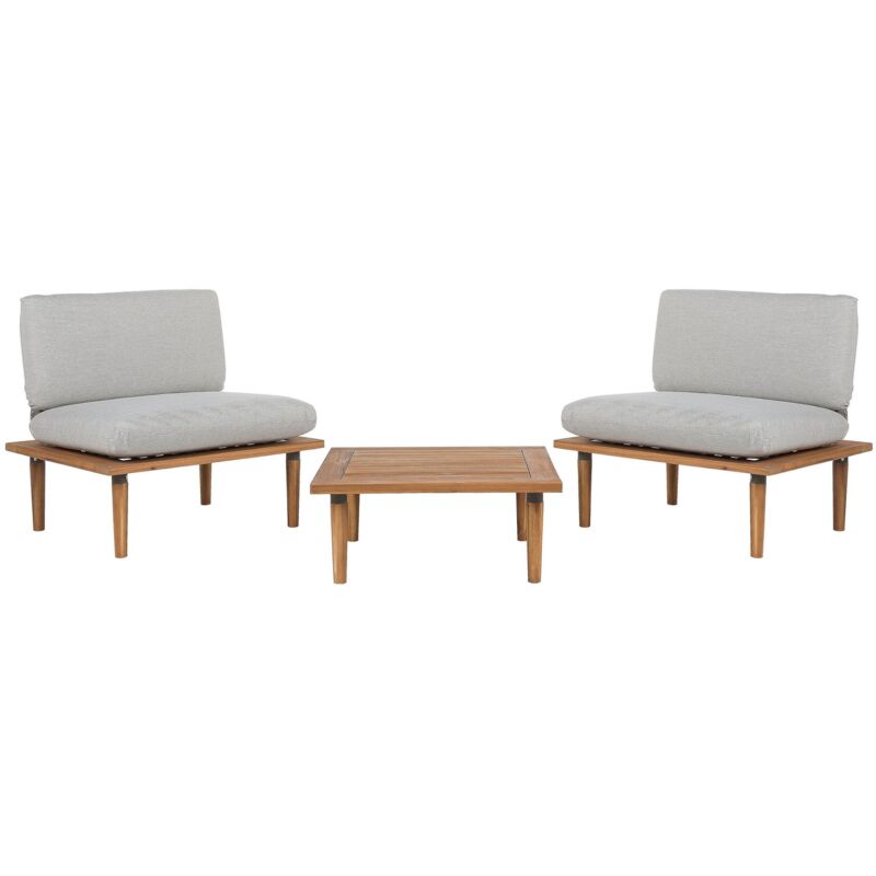 Set de Jardin ou Terrasse 2 Places 1 Table d'Appoint et 2 Fauteuils en Bois d'Acacia Certifié avec Coussins Gris Design Durable et Style Contemporain