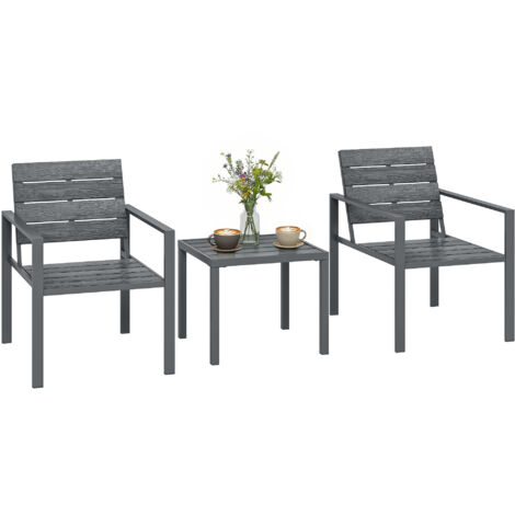 Set de Jardin 3 pièces avec 2 Chaises d'Extérieur et Table de Café, en PEHD et Métal, Gris Foncé
