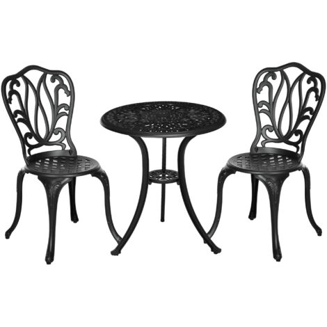 Set de Jardin 3 pièces avec 2 Chaises d'Extérieur et Table en Verre avec Trou pour Parasol, en Aluminium, Noir