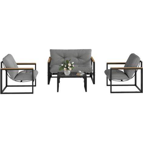 Set de jardin 4 pièces avec 2 chaises, canapé 2 places et table basse, en acier et polyester gris clair et noir