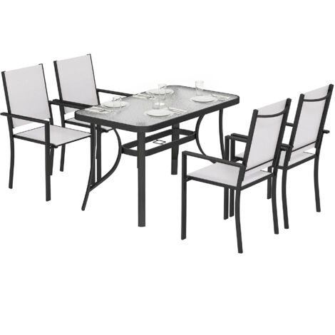 Set de Jardin 5 pièces avec 4 Chaises Empilables et Table en Verre Trempé avec Trou pour Parasol, Gris Clair