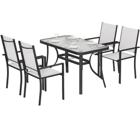 Set de Jardin 5 pièces avec 4 Chaises Empilables et Table en Verre Trempé avec Trou pour Parasol, Gris Clair