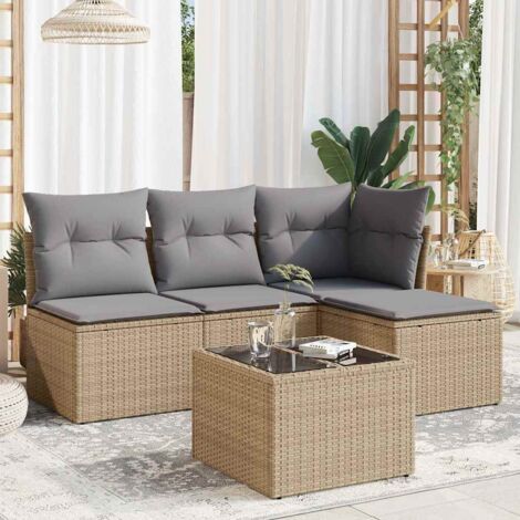 Set de Jardin 5 Pièces Résine Tressée Beige - 2 Fauteuils + 1 Angle + Table + Pouf avec Coussins Gris et Rangement