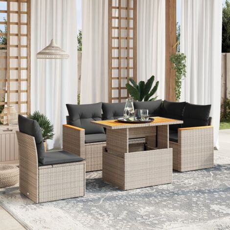 Set de Jardin 6 Places en Résine Tressée avec Coussins Gris, Table Relevable et Conception Modulaire