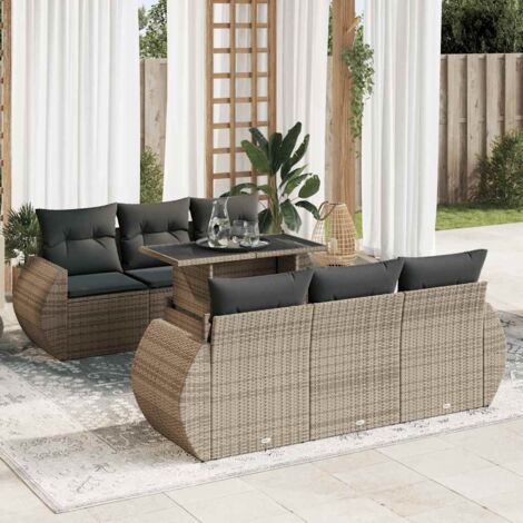Set de Jardin 7 Places en Résine Tressée Gris avec Table Basse/Réglable, Coussins Amovibles et Rangement Intégré
