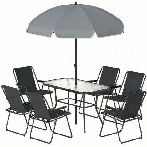Set de jardin 8 pièces avec parasol, 6 chaises pliantes et table de jardin en verre trempé, noir