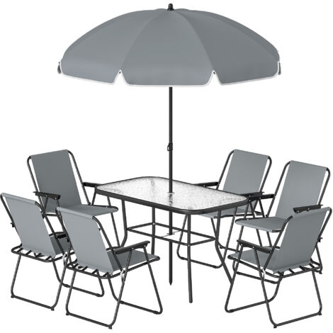 Set de Jardin 8 pièces avec Parasol, 6 Chaises Pliantes et Table d'Extérieur en Verre Trempé, Gris