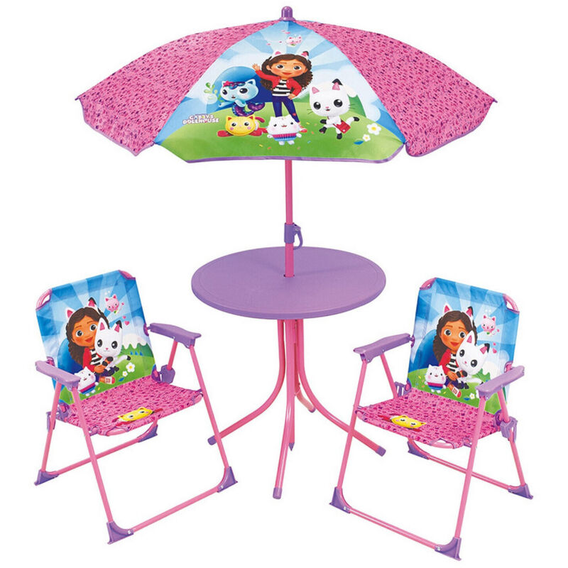 Mobilier de jardin - fun house - Salon de jardin Gabby et la Maison Magique Table 46 x 46 cm 2 chaises pliantes parasol 125 x 10