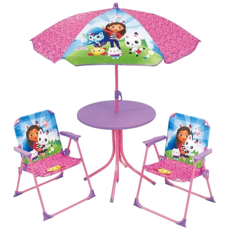 Mobilier de jardin Fun House Salon de jardin Gabby et la Maison Magique Table 46 x 46 cm 2 chaises pliantes parasol 125 x…