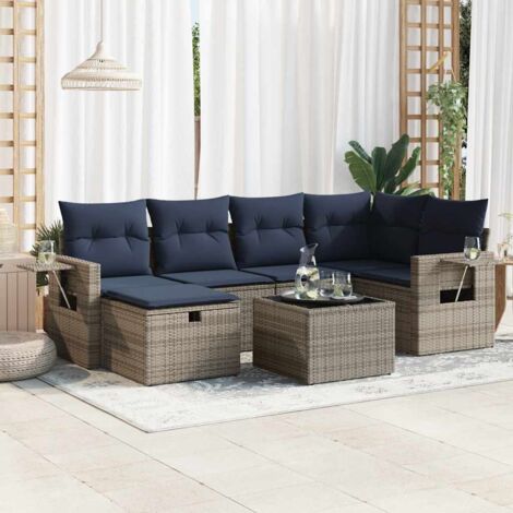 Set de Jardin Gris en Résine Tressée avec 7 Coussins Bleu Marine - Table et Pouf de Rangement