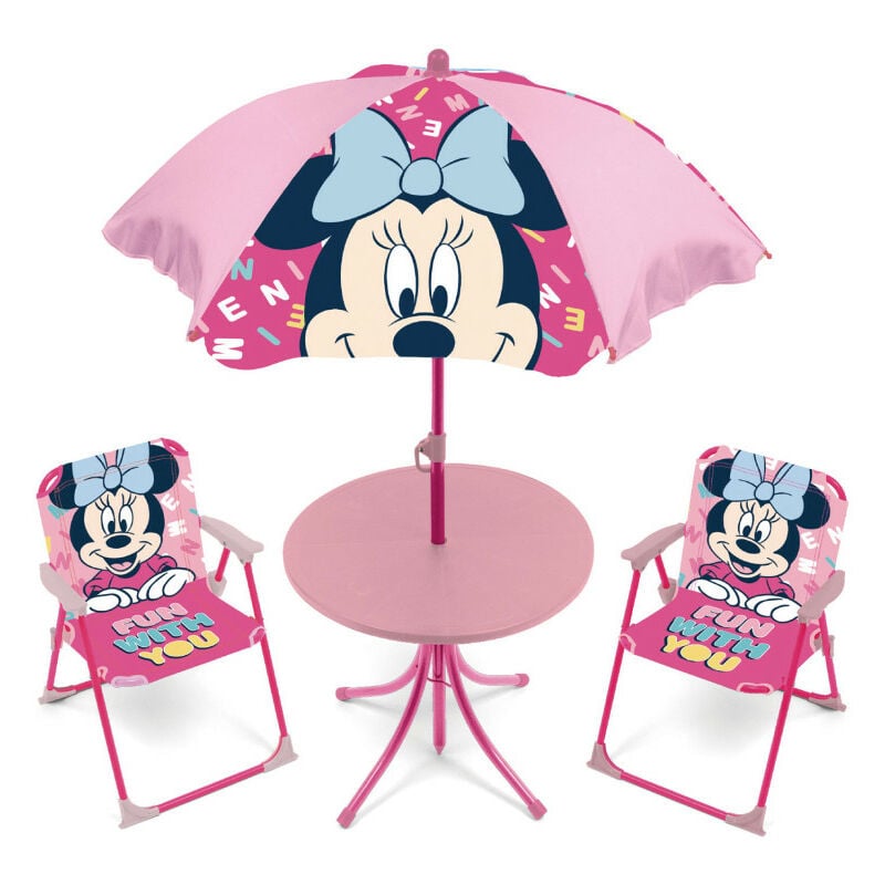 Arditex - Set de jardin Minnie Mouse Disney avec une table, 2 chaises et un parasol - Rose