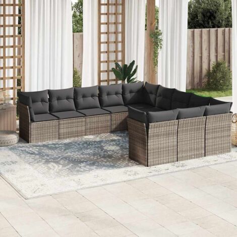 Set de Jardin Modulaire 11 Pièces en Résine Tressée Gris Clair avec Coussins et Coffre de Rangement