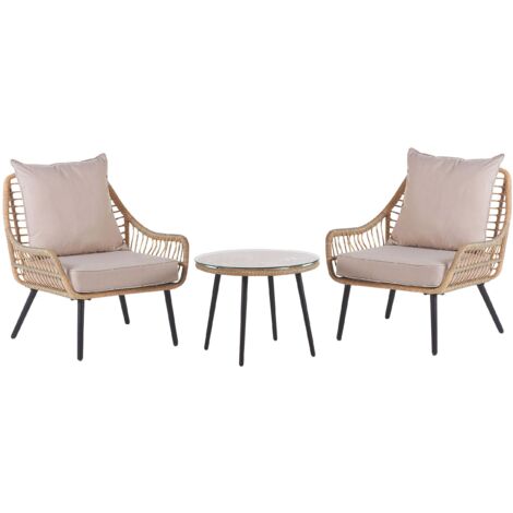 Set de Jardin ou de Salon Table et 2 Fauteuils en Rotin Beige avec Pieds en Acier Noir Ensemble pour Intérieur et Extérieur Boho et Rustique Beliani