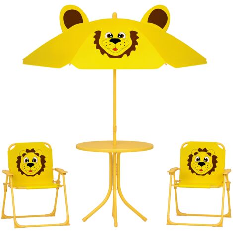 Set de jardin pour enfants 2-5 ans avec table ronde, 2 chaises pliantes et parasol jaune