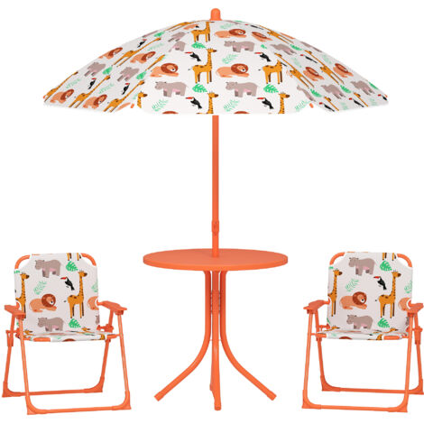 Set de jardin pour enfants avec table pliante et parasol orange thème animaux