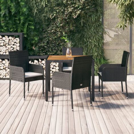 [Set de Jardin Repas] [Modulable 5pcs] [Noir Résine Tressée - Coussins Blanc Crème - Table Acacia 90x90cm]