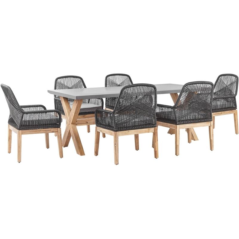 Ensemble de Repas de Jardin pour 6 Personnes Table et 6 Chaises Noires Plateau en Béton avec Pieds en Bois pour Extérieur au Style Scandinave Beliani