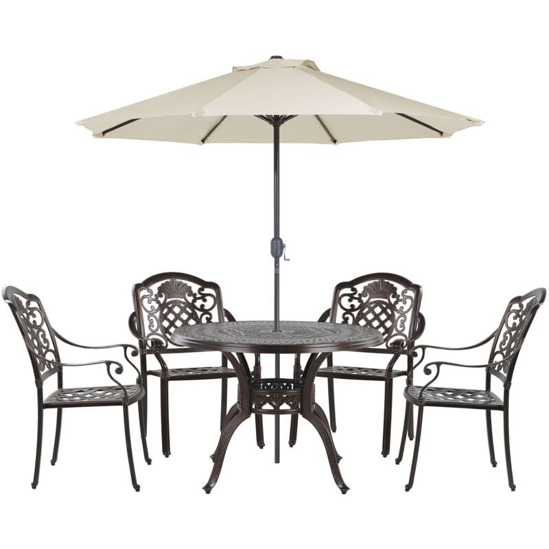 Set de Jardin Table et 4 Chaises avec Parasol (16 variantes) Aluminium et Coussins Marron Salento