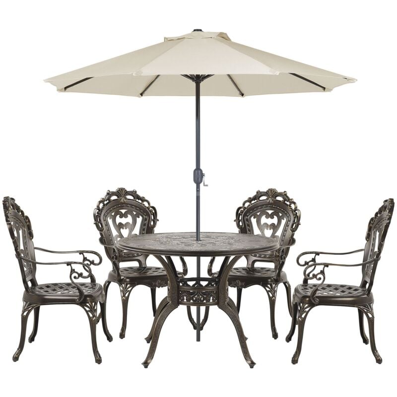 Beliani - Set de Jardin Table et 4 Chaises avec Parasol et Coussins Aluminium Marron (16 variantes) Sapri