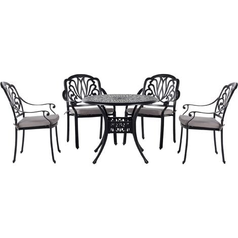 Set de Jardin Table et 4 Chaises en Aluminium Noir Coussins Beiges Ancona - Noir