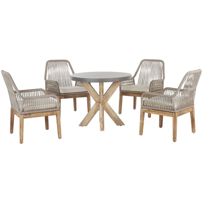 Ensemble de Repas de Jardin pour 4 Personnes Table Ronde et 4 Chaises Plateau en Béton avec Pieds en Bois pour Extérieur au Style Scandinave Beliani