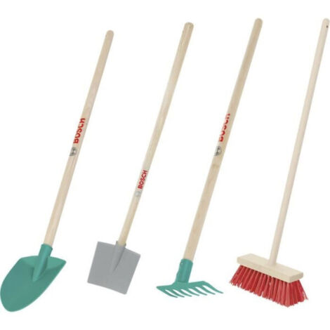 Set de jardinage 4 pièces en bois et plastique – Pelle, bêche, râteau, balai – Pour enfants – Apprentissage du jardinage – Klein