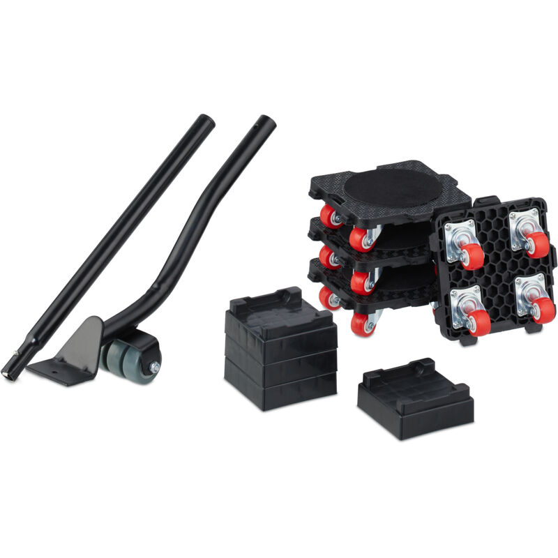 Relaxdays - Kit de déplace meuble lourd, avec levage et roulettes, jusqu'à 300 kg, 4 embouts, patins glisseurs, noir/rouge
