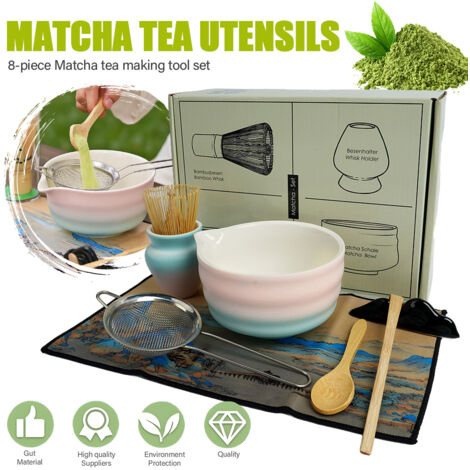 Set de Matcha avec boîte cadeau,Set de thé japonais (8 pcs),Fouet à Matcha,Support pour Fouet,cuillère à Matcha,Passoire en acier inoxydable,serviette à thé,support pour cuillère,Céramique Matcha Set