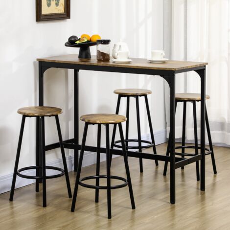 Set de Mesa Bar y 4 Taburetes Muebles Altos con Mesa de 110x50x89,5 cm y Taburetes de Ø30x60,5 cm Negro y Madera