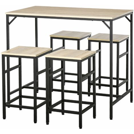 Set de Mesa de Bar y 4 Taburetes con Reposapiés Juego de Muebles Altos con Mesa de 100x60x88 cm Taburetes de 32x32x57 cm para Comedor Cocina Roble