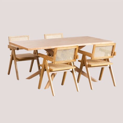 Set de Mesa de Comedor Rectangular (180x90 cm) Arnaiz Y 4 Sillas con Reposabrazos en Madera de Fresno y Ratán Lali Style SKLUM             