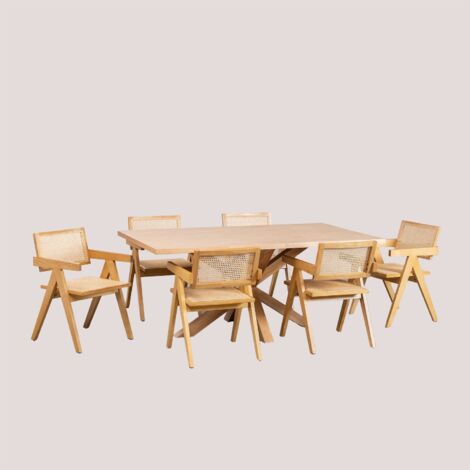 Set de Mesa Rectangular en Mimbre Sintético (180x90 cm) Leribert y 6 Sillas  de Jardín en Ratán Sintético Aroa - SKLUM