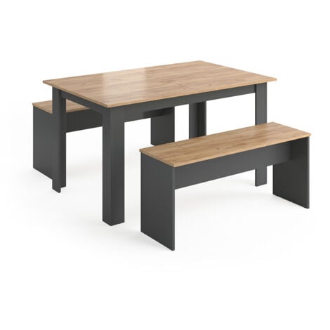 Set de mesa de comedor Sentio, Antracita, 90 x 140 cm con 2 bancos, Vicco