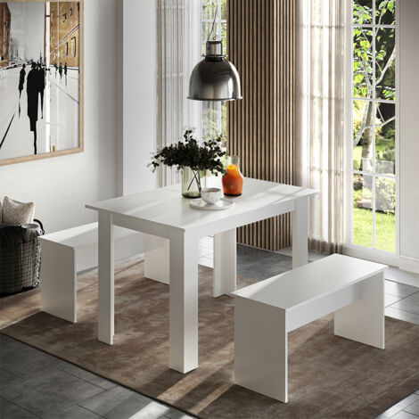Set de mesa de comedor Sentio, Blanco, 110 x 70 cm con 2 bancos, Vicco