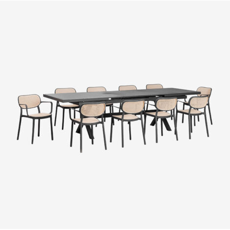 Set de mesa extensible rectangular 240-300x100 cm Karena y 10 sillas de jardín con reposabrazos en aluminio Omara SKLUM